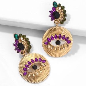 Anthropologie Gold Plated Purple Black Green Crystal Cluster Drop Eye Ea…